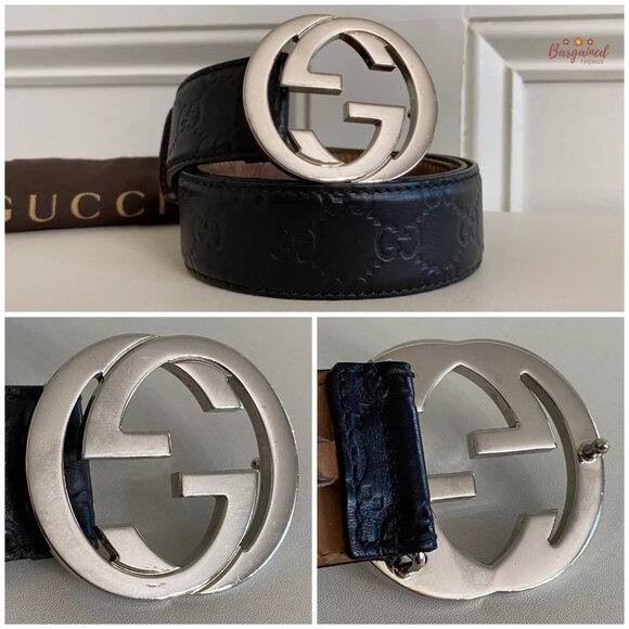 Authentic Gucci Black Guccissima Leather Silver Interlocking G Buckle Belt 85/32 - Picture 2 of 13